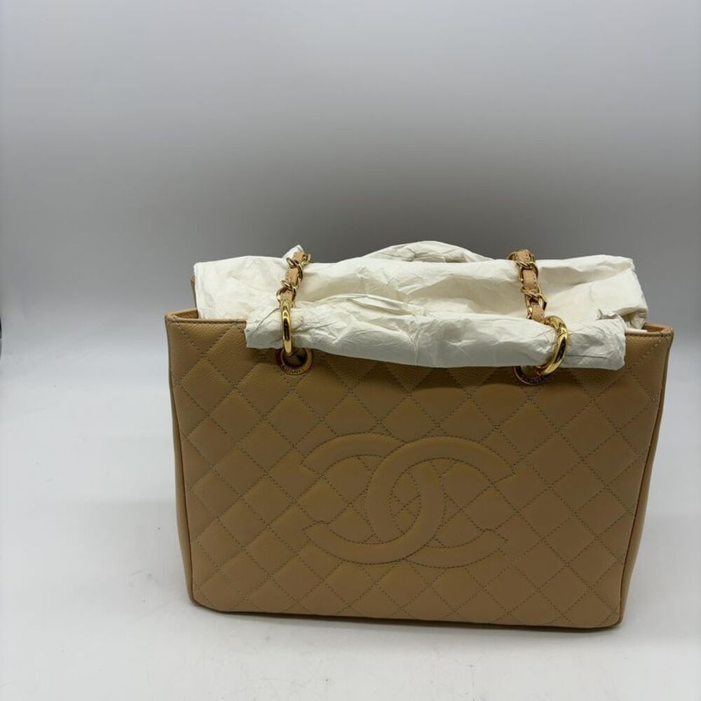 CHANEL Tote Light Beige Caviar Light Gold